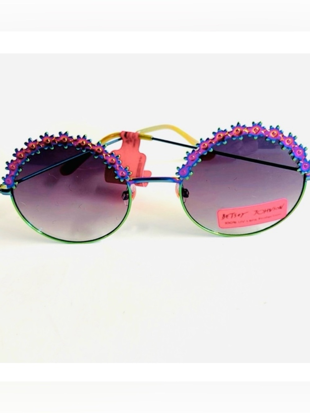 NWT Betsey Johnson oversized purple + pink round sunglasses with flower rims
